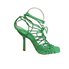Schutz Heyde Green Square Open Toe Multi-Strap Lace Up Stiletto High Heel Sandal