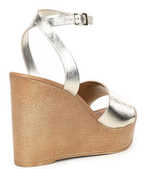 Steve Madden Welsh Gold Leather Ankle Strap Open Toe Platform Wedge Sandal