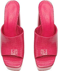 Schutz Darah Pink Croc-Embossed Slip On Open Toe High Heel Platform Sandals