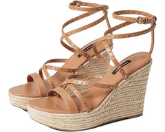 Nine West Hunda 3 Light Tan Rounded Open Toe Buckle Closure Wedge Heeled Sandals