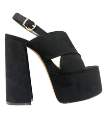 Luxemoda Kimberly Black Wrapped Platform Retro Block Heel Peep Toe Mule Sandals