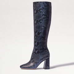 Sam Edelman Clarem Dark Blue Snake Zip Block Heel Almond Toe Knee High Boots