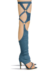 Cape Robbin Gealia Denim Stiletto Heel Pointed Toe Thigh High Gladiator Sandals