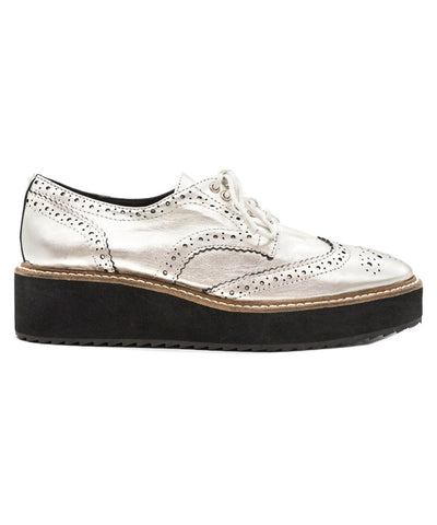Shellys London Emma Pewter Metallic Shiny Low Platform Wingtip Oxford Shoes