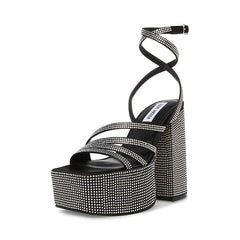Steve Madden Cocktails Black Rhinestone Strappy Open Toe Block Heeled Sandals