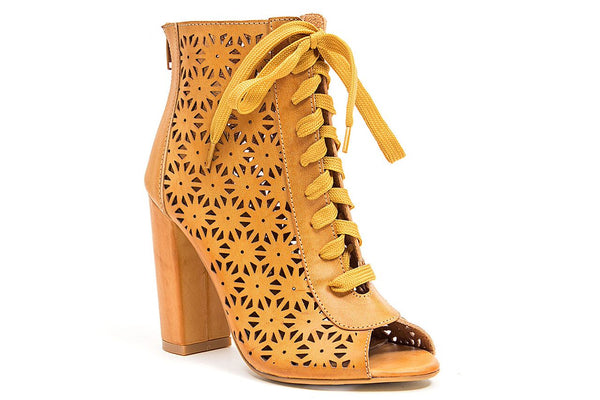 French Blu Lacy Peep Toe Bootie Tan Cut Out Block Heel Booties