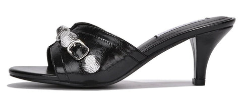 Cape Robbin Cameli Black Stud Detail Kitten Heel Slip On Open Rounded Toe Pumps