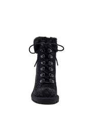 Jessica Simpson Deliah Fur Cuff Rhinestone Lace-Up Lug Sole Combat Bootie Black