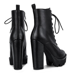 wetkiss Platform Boots for Women, Heeled Combat Boots Chunky Heel Booties Round Toe Lace Up High Heel Ankle Boots