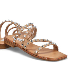 Steve Madden Selina Tan Squared Open Toe Spike Detailed Slip On Flats Sandals