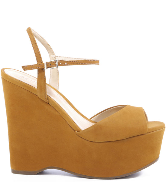 Schutz Saddle Brown Strappy Petite Ankle Buckle Peep Toe Platform Wedge Sandals
