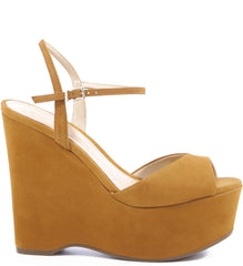Schutz Saddle Brown Strappy Petite Ankle Buckle Peep Toe Platform Wedge Sandals