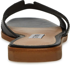Steve Madden Hadyn Black Leather Cut-Out Slip On Open Toe Flat Slides Sandals
