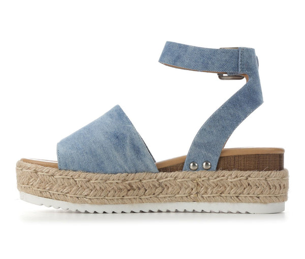 Soda Topic Blue Denim Open Toe Buckle Ankle Strap Espadrilles Flatform Wedge Sandals