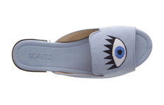 Schutz Daffy Jeans Slide Stitched Eye Design Metallic Low Heeled Sandals