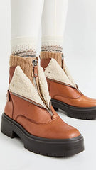 Sam Edelman Linds Brown Leather Chunky Heel Rounded Toe Zipper Ankle Boots