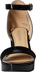 Chinese Laundry Go On Black Patent Ankle Strap Open Toe Block Heeled Sandals