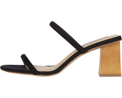 Steve Madden Honey Black Slip On Rounded Toe High Wood-Look Block Heel Sandals