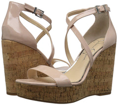 Jessica Simpson Stassi Nude Patent Leather Cork Wedge Platform Strappy Sandals