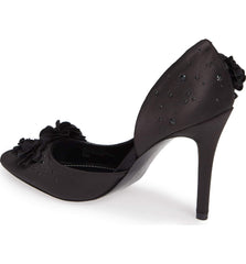 Charles David Black Pointed Flower Embellished Satin Formal Stiletto Pump