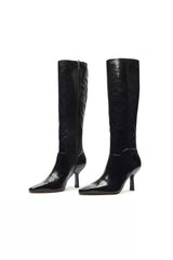 Schutz Jupitar Black Croco Leather Stiletto Pointed Toe Women's Knee Boots