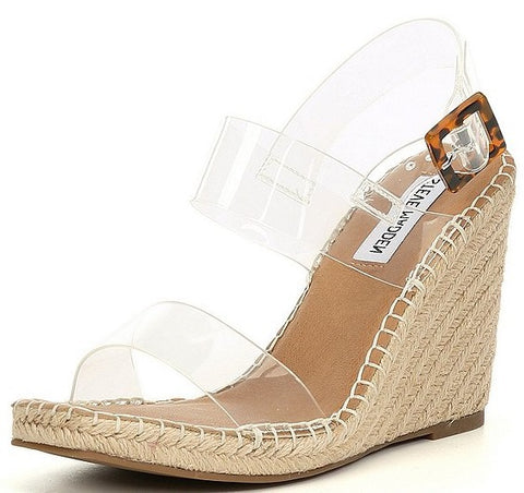 Steve Madden Uri Clear Platform Open Toe Espadrille Buckle Closure Wedge Sandals