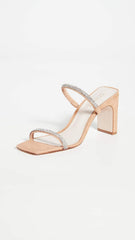 Schutz Salwa Nude Suede Rhinestone Open Toe Thin Strap Mid Heel Mule Sandals