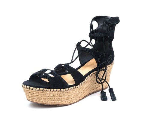 Schutz Hudson Black Open Toe Tie Up Espadrille Heeled Platform Wedge Sandals