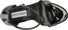 Steve Madden Mallor Black Patent Ankle Strap Round Open Toe Wedge Heeled Sandals