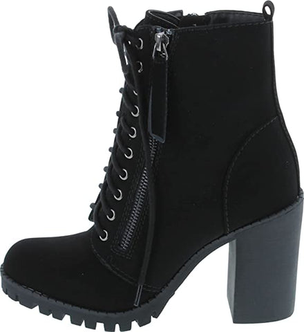 SODA Malia Black Nubuck Round Toe Stacked Lug Heel Lace Up Ankle Combat Booties