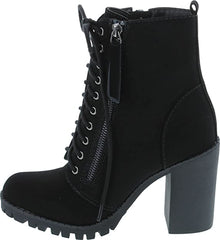 SODA Malia Black Nubuck Round Toe Stacked Lug Heel Lace Up Ankle Combat Booties