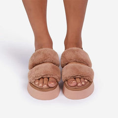 Luxemoda Tata Fluffy Stripe Platform Slip On Open Toe Faux Fur Slippers