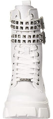 Steve Madden Tarzana White Leather Lace Up Embellished Combat Ankle Boots