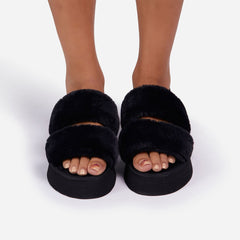 Luxemoda Tata Fluffy Stripe Platform Slip On Open Toe Faux Fur Slippers