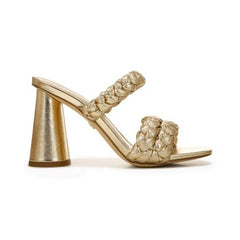 Sam Edelman Kendra Gold Leaf Leather Block Heel Squared Open Toe Slip On Mules