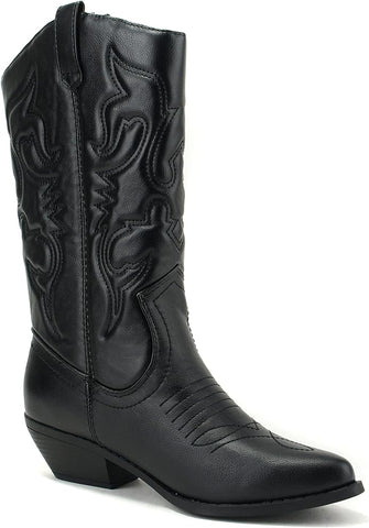 Soda Reno Black Pu Western Cowboy Pointed Toe Knee High Pull On Western Boots
