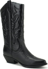 Soda Reno Black Pu Western Cowboy Pointed Toe Knee High Pull On Western Boots