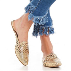 Sam Edelman Clara Gold Metallic Leather Slip On Slides Mules Flats Slides