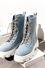 Cape Robbin Nunani Denim Lace Up Chunky Lug Sole Rounded Toe Ankle Combat Boots