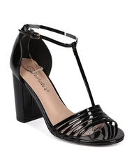Breckelles Aniston-17 Black Patent PU Open Toe T-Strap Block Heel Retro Sandal (8)