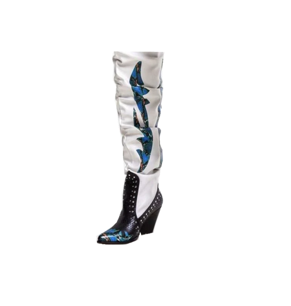Luxemoda Sunset White Blue Over The Knee Slouchy Western Cowgirl Dress Boots