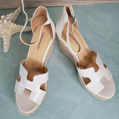Lemonade Kayson Double Vamp H Wedge White Platform Espadrille Casual Sandals