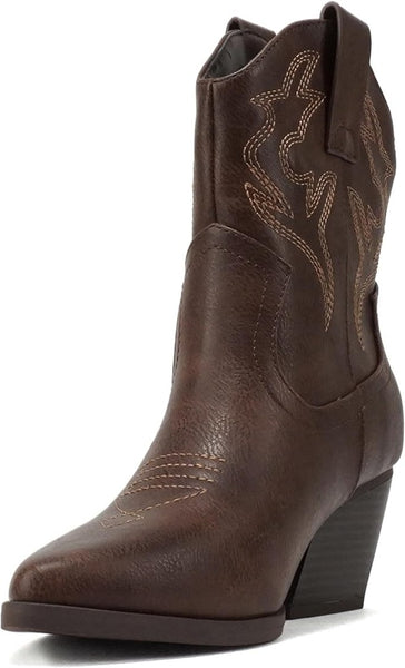 Soda Blazing Brown Pu Pointed Toe Stitched Block Heeled Western Ankle Boots