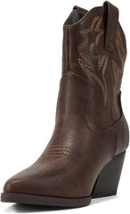 Soda Blazing Brown Pu Pointed Toe Stitched Block Heeled Western Ankle Boots