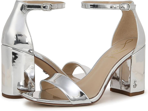 Sam Edelman Daniella Soft Silver Specchio Ankle Strap Block Heel Open Toe Sandal