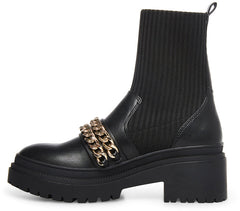 Steve Madden Zyla Black Leather Pull On Chain Detailed Moto Fitted Bootie