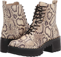 Vince Camuto Mecale Natural Snake Chunky Heel Combat Booties Lace Up Moto Boots