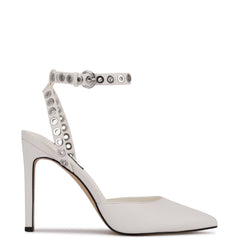 Nine West Timia White Leather Ankle Strap Pointed Close Toe Stiletto Dress Pumps