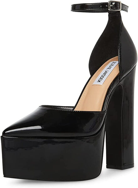 Steve Madden Prompt Black Patent Ankle Strap High Block Heel Pointed Toe Pumps
