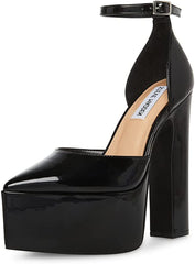 Steve Madden Prompt Black Patent Ankle Strap High Block Heel Pointed Toe Pumps